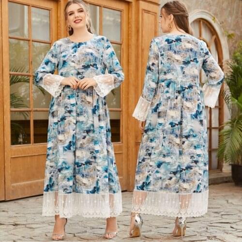 Fashion Muslim Woman Long Sleeve Dress Abaya Turkish Flower Print Dress Loose Large Size Dubai Lace Stitching Banquet Dress Robe