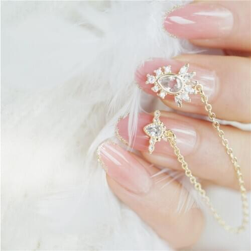 24 Pcs/set False Finger Nails Art Tips Pendant Chain Diamond Pink Acrylic Wedding Banquet Fake Reusable Nail Sticker Bride