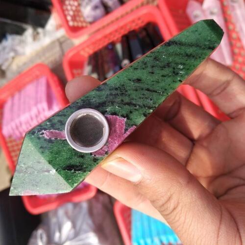 Natural epidote crystal smoke tube Wand Point Health Tobacco Smoking Pipe Healing Gift Cure