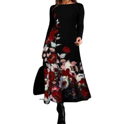 Spring Autumn Long Sleeve Maxi Floral Dress For Fashion Women Dresses Casual O-Neck Black A-line Dress 5XL Ladies Robe Vestidos