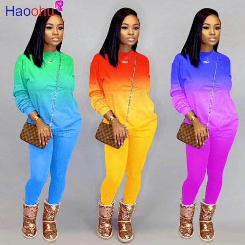 HAOOHU Casual Tracksuit Women 2 Piece Set Gradient Long Sleeve Sweatshirt High Waist Pants Leggings Fashion Lounge Wear Outfits