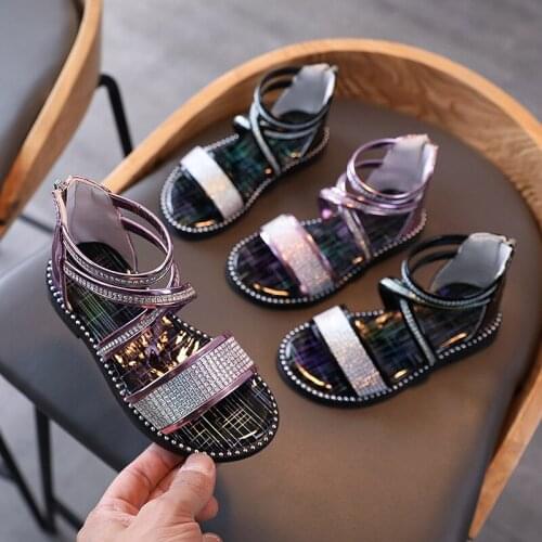 2021 Summe Girls Shoes Gladiator Sandals Cross-tied Boots Kids Sandals Crystal Bling Flat Beach Shoes Back Zip Roma Shoes Child