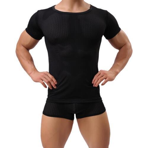 Sexy Men Mesh Short Sleeve T-shirt Boxer Shorts Slim Fitness Undershirts See Through Gay Erotic Fetish Sex Underwear Suit