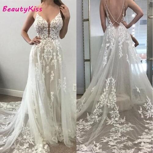 2020 Sexy Deep V-Neck A-Line Wedding Dresses Illusion Backless 3D Lace Appliqued Bridal Gown Plus Size Boho Wedding Party Dress