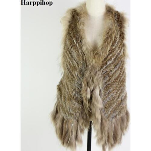 Sexy backless womens natural real rabbit fur vest with raccoon fur collar waistcoat/jackets with tassel rabbit knitted winter