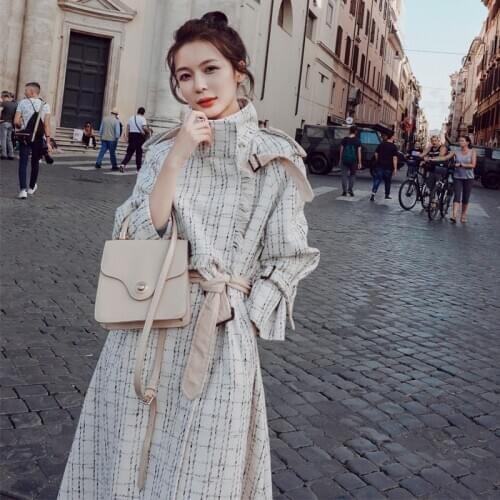 Woolen Coat Streetwear Womens 2021 Autumn Winter Korean Loose Plaid Long Overcoat Jacket With belt Slim Female Warm Long Coats