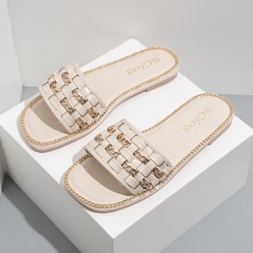 2021 New Women Slippers Fashion Chain Woven Slippers Female Summer Chain Rim Flat Bottom Flat Heel Female Sandals Woman Shoes