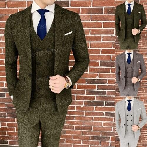 2021 Brand Dark Green Tweed Groom Wedding Suit Tuxedo Slim Fit Charcoal Blazer Vest Pants 3 Piece Tailored Fashion Suits For Men