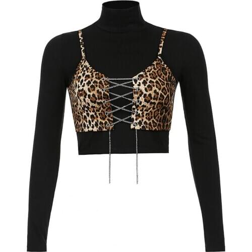 Women T-Shirts Long Sleeve Fake Two Piece Leopard Print Slim Casual Top for Spring Autumn Ladies Black Top Plus Size