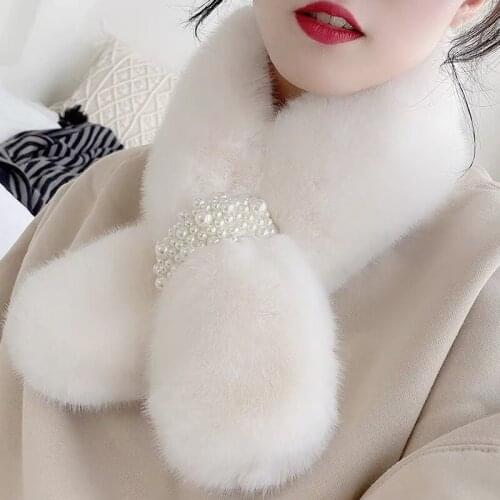 Women Winter Thicken Warm Scarves With Pearls Girls Cute Faux Rabbit Fur Cross Plush Collar Neck Warmer Elegant Soft Scarves