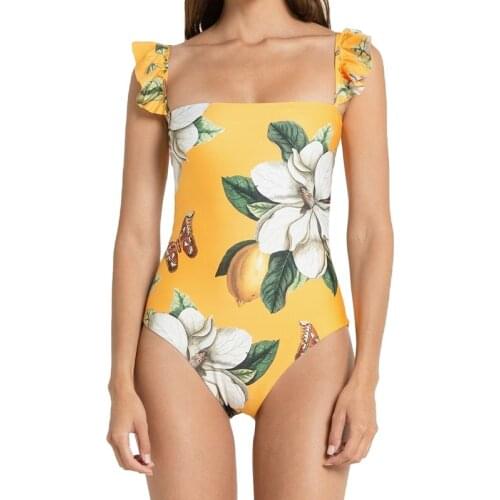Womens One-Piece Swimsuit Sexy Print Small Fresh One-Piece Bikini One-Piece Yellow