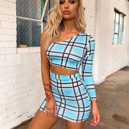 Women Sets 2 Piece Crop Tops+Mini Skirts 2021 Fashion New Summer Single Long Sleeve Plaid T-Shirt Top Skirt Suit Streetwear