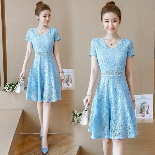 2021 New Summer Lace Chiffon Womens Dress Lace V-Neck Short Sleeve Knotted Casual Hedging Dress Gauze Streetwear Knee-Length