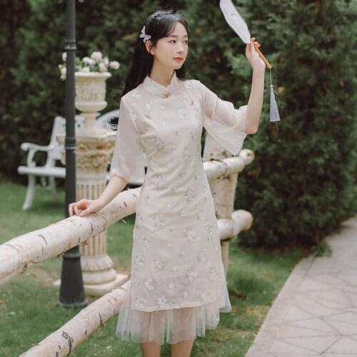 Embroidery Gentle Retro Midi Dress Cheongsam Women Summer Trumpet Sleeve Star Sequined Mesh Gentle Romantic Dress