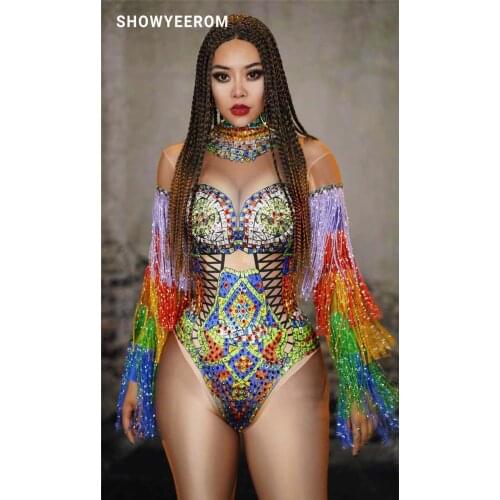 Women Stage Dance Colorful Fringes Rhinestones Bodysuit Costume Nightclub Dance Female Singer Show Bright Leotard