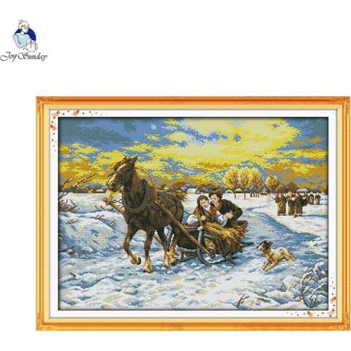 Winter marriage cross stitch kit 14CT11CT snow and carriage pattern count embroidery sit DIY needlework home decoration painting