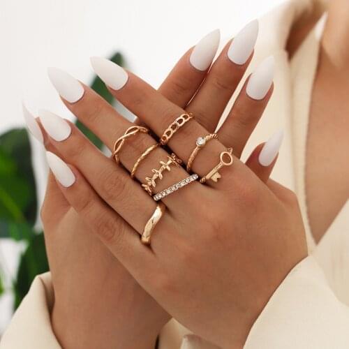 8 Pcs/ Set New Fashion Personalized Geometric Joint Ring Infinite 8-shaped Leaf Key Point Zircon Ring Set for Women Jewelry