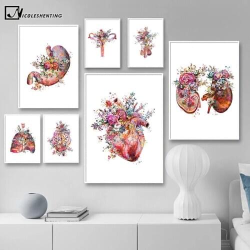 Anatomy Art Medical Canvas Painting Floral Organs Heart Lung Poster Print Student Education Hospital Picture Modern Decoration