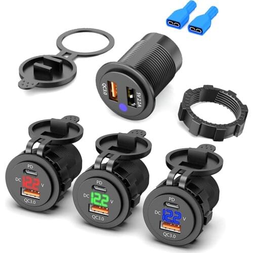 Free Ship Waterproof 12V 24V Type C PD QC 3.0 USB Car Charger LED Voltmeter Power Adapter For Smart Phone Tablet Boat Motorcycle