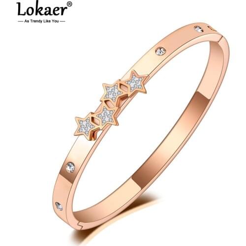 Lokaer Sparkling Stainless Steel Star Charm Bangles Bracelets For Women Girls Trendy Rose Gold Rhinestone Bohemia Jewelry B20111