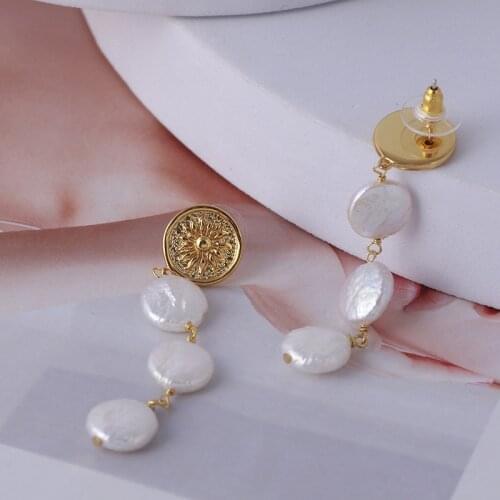 Women sun coin natural freshwater baroque pearl earrings dangles