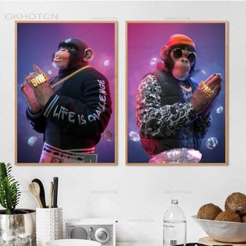 Hip Hop Boss Monkey Canvas Painting Fashion Art Print Animals Posters Cuadros Home Decoration Wall Art Pictures for Living Room