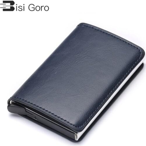 BISI GORO Card Holder for Men Women Automatic Pop Up Card Case RFID Aluminium Alloy Credit Card Holder PU Leather Card Wallet
