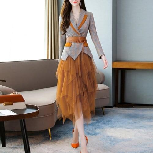 Office Elegant Lady Spring Autumn Notched Belt Plaid Blazer Set Fashion Designers Asymmetric Mesh Elastic Waist Skirt Suits