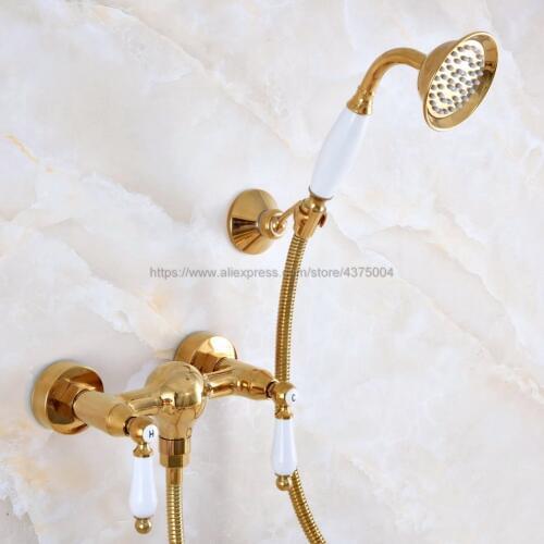 Gold Color Brass Wall Mounted Bathroom Shower Faucet Set With Hand Shower Head Mixer Tap Nna979
