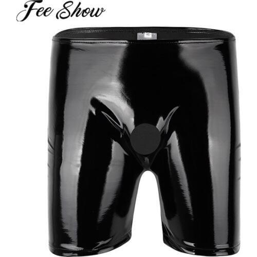 New Arrival Black Men Shiny Patent Leather Open Penis Ring Long Leg Boxer Short Panties Wetlook Slim Fit Men Elastic Waist Short