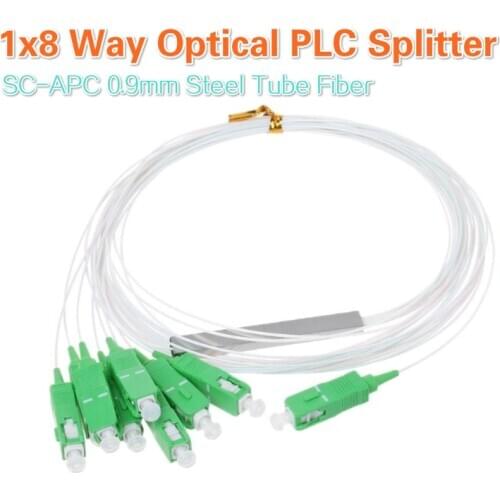 Single Mode 0.9mm Steel Tube Fiber Optic PLC Splitter 1x8 1*8 SC/APC Mini Blockless SC APC Connector 8 way Optical PLC Splitter
