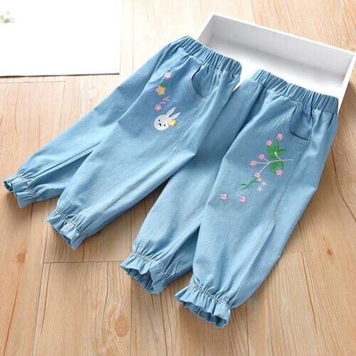 2-6 Years Children Girls Pants Autumn Fashion Denim Cotton Long Trousers Cartoon Rabbit Spring Pants For Kid Girl Bottom Clothes