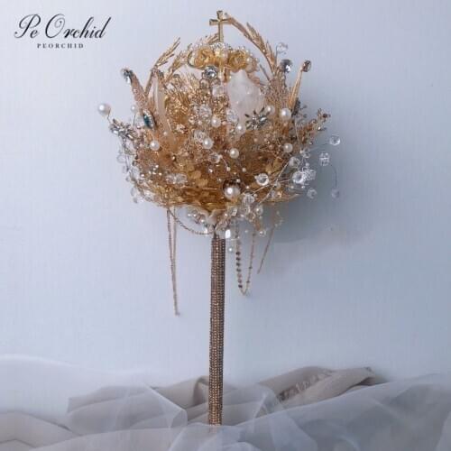 PEORCHID 2020 Gold Bridal Bouquet Pearls Luxury Handmade Bride Holding Flower Crystal Crown Scepter Wedding Bouquet Custom