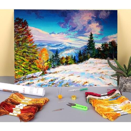 Landscape First Snow Printed 11CT Cross Stitch DIY Embroidery Set DMC Threads Handicraft Handmade Craft Needlework Decor