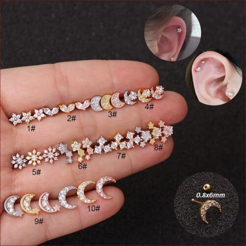 1pc 20G Nickel Free Barbell Cz Moon Flower Ear Piercing Jewelry Flower Moon Ear Piercing Jewelry