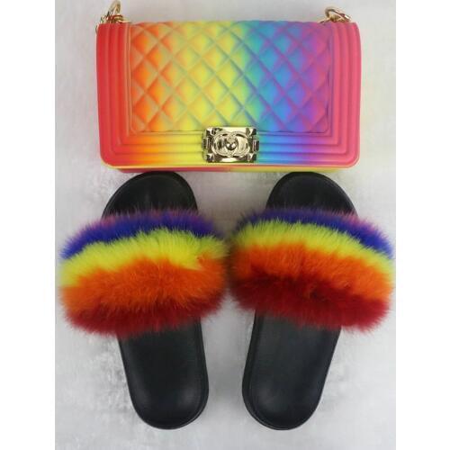 2020 New Women Fur Slides with bag Summer Shoes Home Woman Luxury Furry Slippers Indoor Female Sandals Fluffy Cute Raccoon