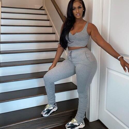 Joggers Sweatpants Set Tracksuit Women 2 Piece Set Sportwear Tank Top and Stacked Pants Set Work Out Casual Two Piece Outfits