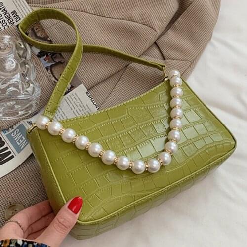 Stone Pattern Shoulder Crossbody Bags For Women PU Leather Womens Designer Pearl Chain Handbag Female Travel Solid Color Bag