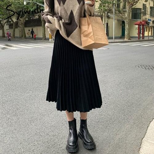Syiwidii Black Knitting Skirts for Women Elastic High Waist Fall Winter 2021 Korean Fashion New A Line Casual Midi Pleated Skirt