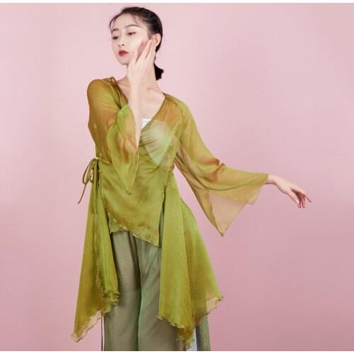 Fairy Chinese Dance Top Classical Dance Costume Sheer Hanfu Women Long Sleeve Folk Dance Wear Lyrical Dancer Outfit JL3014