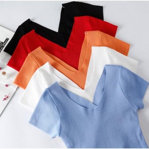 Back Hollow Design V Neck Slim Short Sleeve Knitwear Sweet Type Ladys Knitted Thin Pullovers Tops