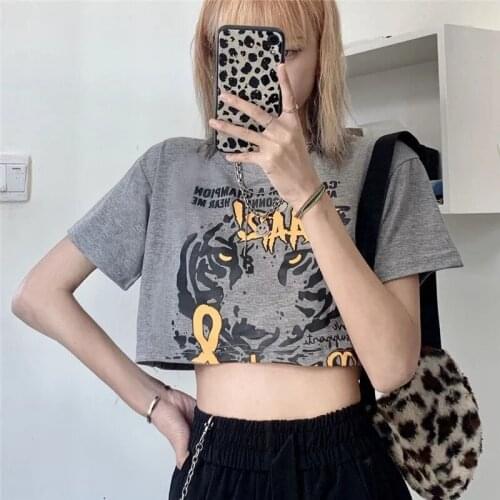 Lady Gothic Gray O Neck Short-sleeve Streetwear Rock Hip-hop Top Women Cool Tiger Letter Print Short Length T Shirt 2021 Summer