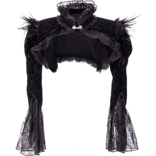 Gothic style womens jacket, queen shawl, feather short top, stand-up collar, flared sleeves, palace lace and suede catwalk