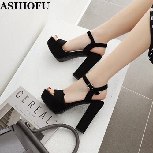 ASHIOFU Hot Sale Womens Chunky Heel Sandals Black Faux-suede Platform Summer Shoes Open-toe Sexy Party Evening Fashion Sandals