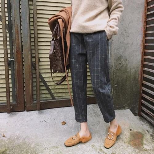 Women Casual Plaid Pants Loose High Dropping Feeling Waist Wide Leg Long Pants Drawstring Harem Pants Long Slim Woolen Trousers