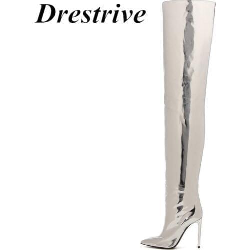 Drestrive Customize Patent Leather Women Over Knee High Boots Thin Heels Pointed Toe Female High Heel Shoes Slip On Fashion