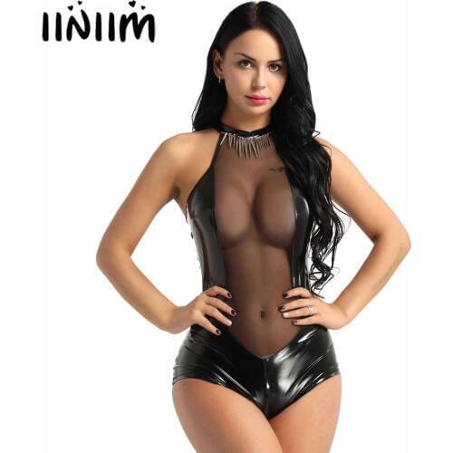 Womens One-piece Bodysuit Catsuit Wetlook Leather Lingerie Mesh Sexy Clubwear Splice Zipper Crotch Teddy with Necklace Costumes