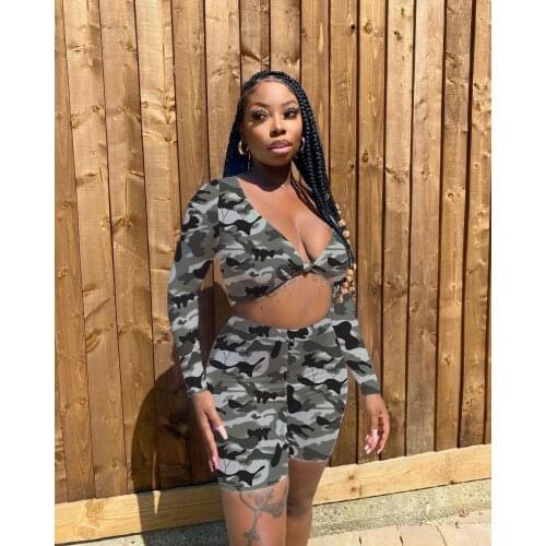 Camouflage Two Piece Set Women Casual Twist Bow V Neck Long Sleeve Crop Top + Biker Shorts Slim Tracksuit Women Sporty Outfits