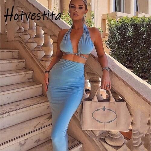 Hotvestita Sexy Halter Strapless Hollow Out Crop Top Bodycon Maxi Skirt 2 Way Wear Woman Matching 2 Piece Sets Party Club Outfit