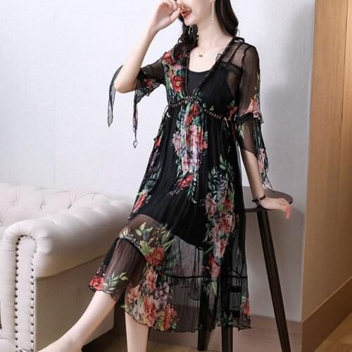Summer Vintage Casual Print Beach Midi Sundress 2021 Black Floral Mulberry Silk Maxi Dresses Women Elegant Bodycon Party Vestido